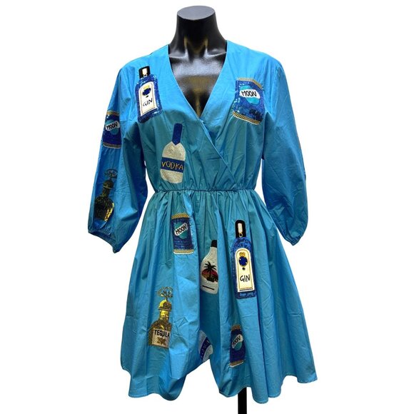 NWT Why Blue Sequin Patch Dress With Vodka & Gin Bottle Motifs S - Picture 1 of 7